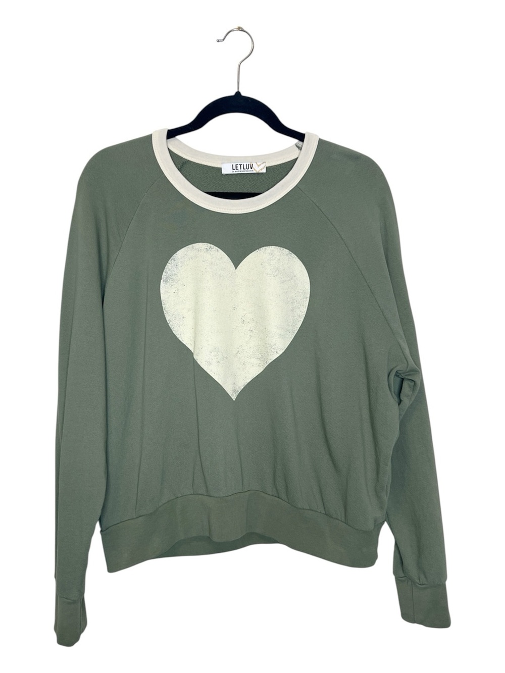 LETLUV Anthropologie Raglan Heart Green and Cream Sweatshirt size Medium